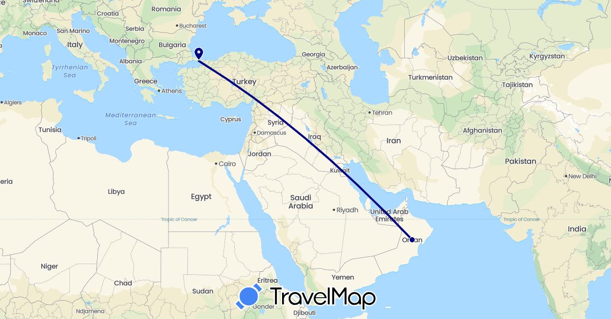 TravelMap itinerary: driving in Oman, Turkey (Asia)